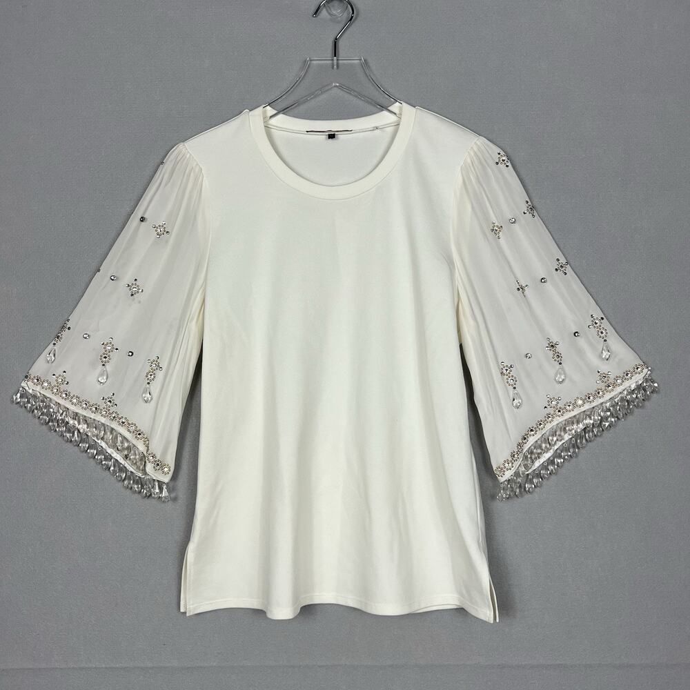 Kobi Halperin Top Size Medium Ivory Beaded Embellished Sleeves Elegant